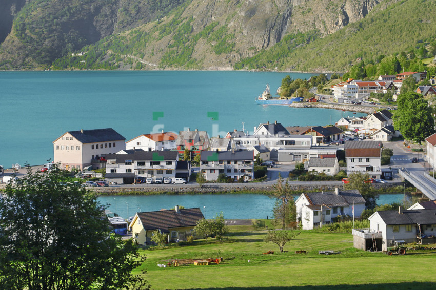 Norway Houses on the Lake with Green Field