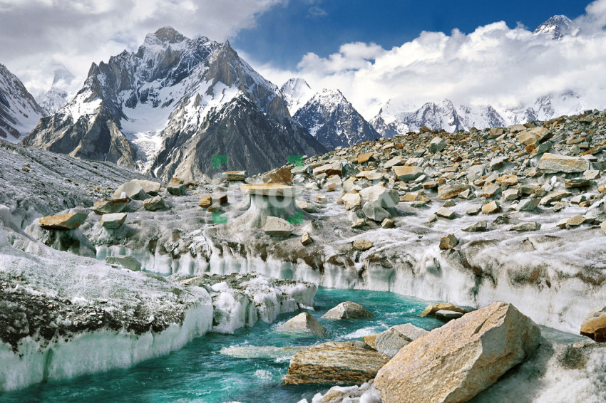 A Beautiful Landscape in Karakoram Range Blue Water River Snow