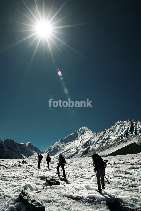 Trekker in the Sunny Day Climbing on the Glacier on a Mountain