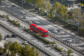 Aerial View from Drone of a Bus with interesting Shadows