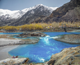 Blue Water River Under Snowy Mountain Beautiful Stock Photo Natural Landscape