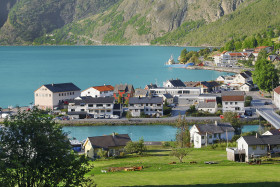 Norway Houses on the Lake with Green Field